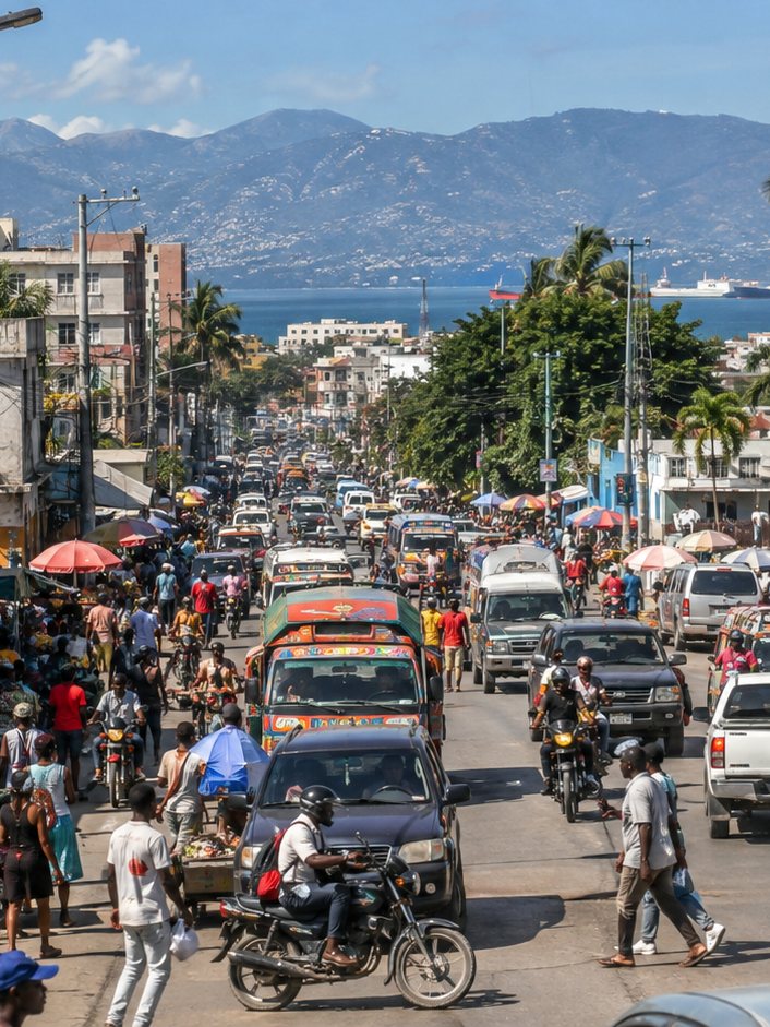 Une artère commerçante de Port-au-Prince, avec la baie et les montagnes à l’arrière-plan.